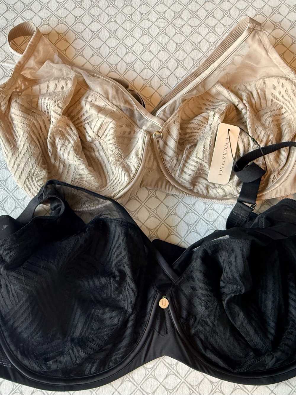 Full-Coverage Lace-Overlay Bra in Black and Nude